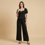 Women's Black Puff Sleeve Peplum Top and Wide Leg Trouser Co ord Set (1)