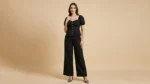 Women's Black Puff Sleeve Peplum Top and Wide Leg Trouser Co ord Set (1)