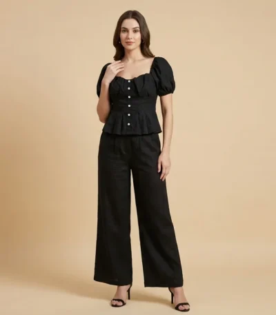 Women's Black Puff Sleeve Peplum Top and Wide Leg Trouser Co ord Set (1)