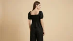 Women's Black Puff Sleeve Peplum Top and Wide Leg Trouser Co ord Set (4)
