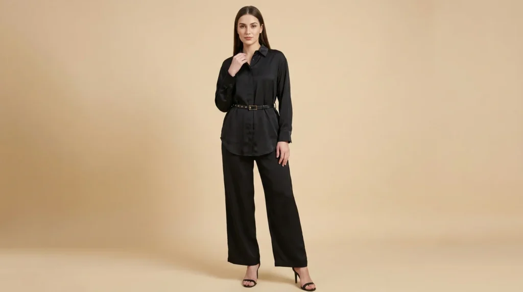 Women's Black Satin Belted Shirt and Wide Leg Trouser Co ord Set (1)