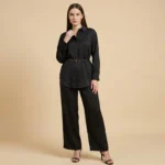 Women's Black Satin Belted Shirt and Wide Leg Trouser Co ord Set (1)