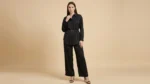 Women's Black Satin Belted Shirt and Wide Leg Trouser Co ord Set (1)