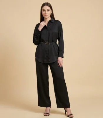 Women's Black Satin Belted Shirt and Wide Leg Trouser Co ord Set (1)
