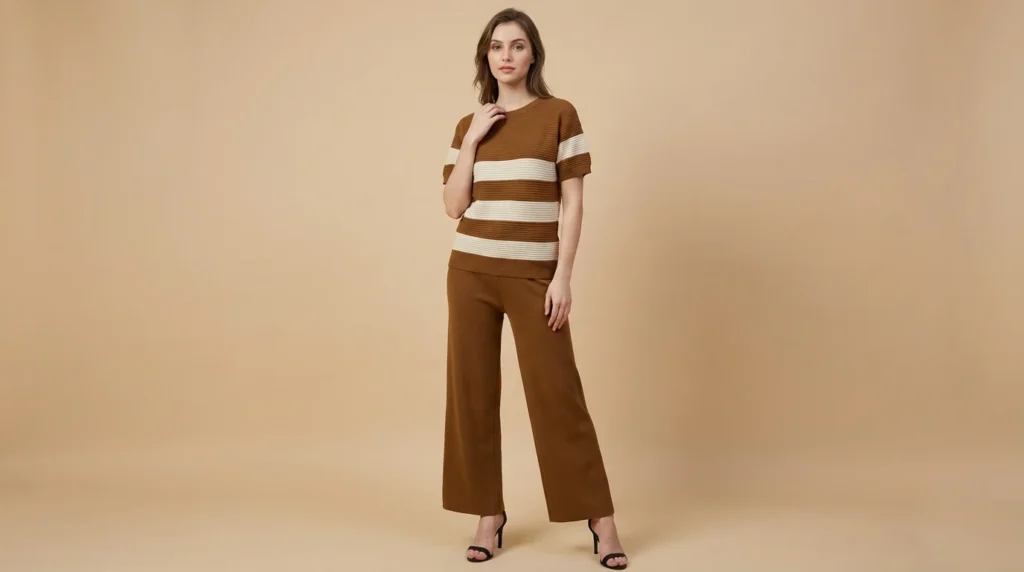 Women's Brown Ribbed Knit Striped Co ord Set Luxury Lounge & Casual (1)