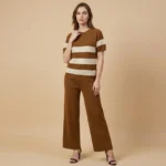 Women's Brown Ribbed Knit Striped Co ord Set Luxury Lounge & Casual (1)
