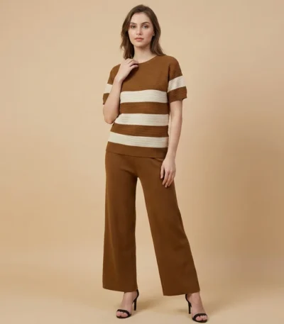 Women's Brown Ribbed Knit Striped Co ord Set Luxury Lounge & Casual (1)