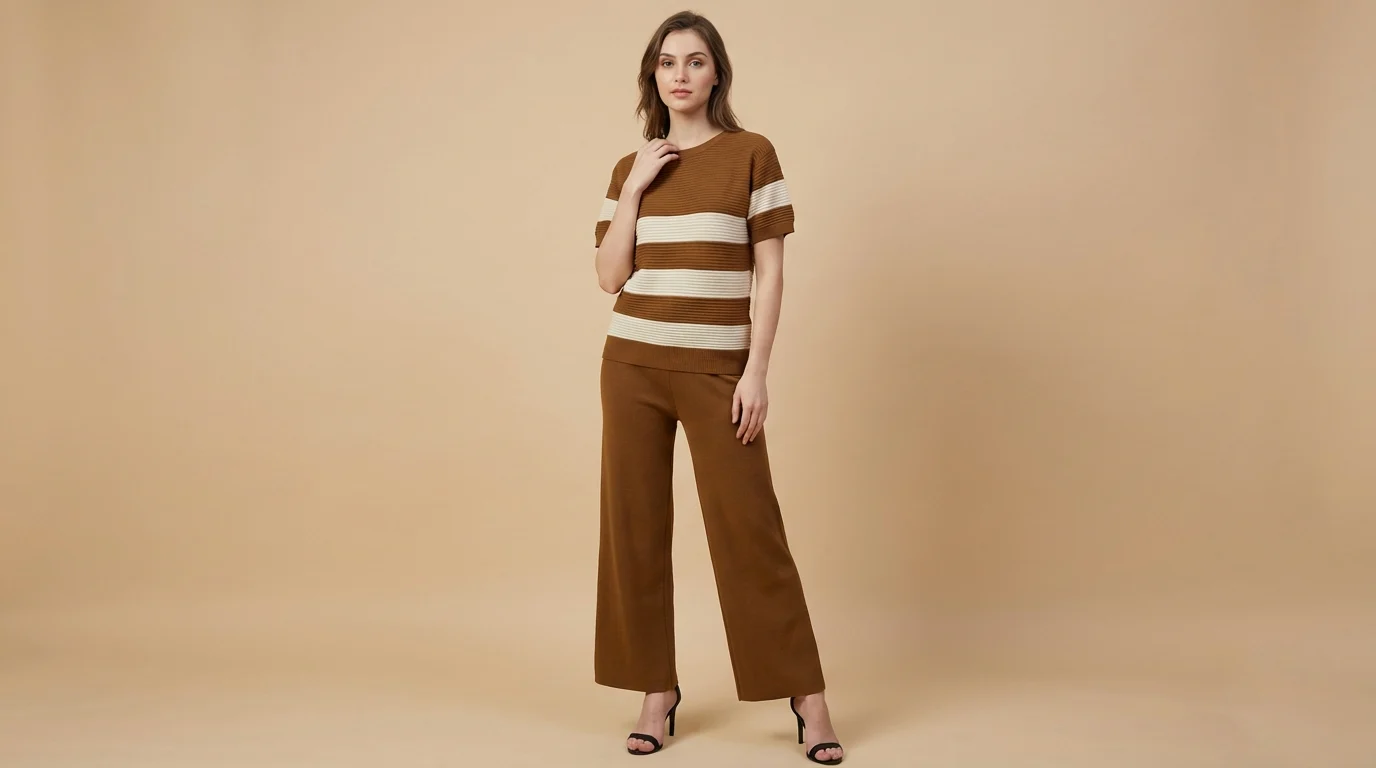 Women's Brown Ribbed Knit Striped Co ord Set Luxury Lounge & Casual (1) Women's Brown Ribbed Knit Striped Co ord Set Luxury Lounge & Casual (1)