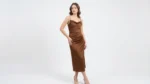 Women's Brown Satin Cowl Neck Midi Dress with Matching Over Shirt (1)