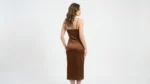 Women's Brown Satin Cowl Neck Midi Dress with Matching Over Shirt (3)