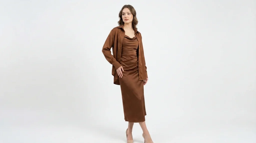 Women's Brown Satin Cowl Neck Midi Dress with Matching Over Shirt (4)
