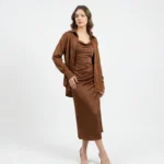 Women's Brown Satin Cowl Neck Midi Dress with Matching Over Shirt (4)