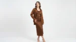 Women's Brown Satin Cowl Neck Midi Dress with Matching Over Shirt (4)