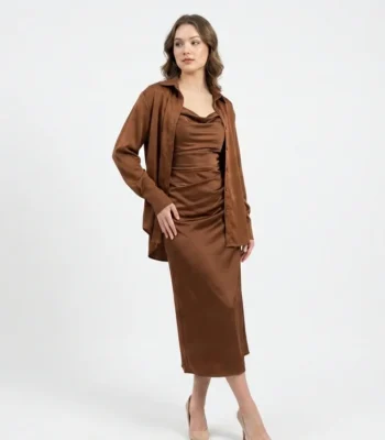 Women's Brown Satin Cowl Neck Midi Dress with Matching Over Shirt (4)