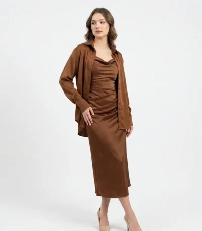 Women's Brown Satin Cowl Neck Midi Dress with Matching Over Shirt (4)