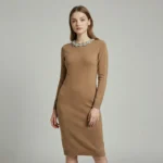 Women's Camel Embellished Neck Knit Sheath Dress (4)