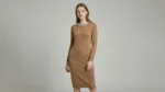 Women's Camel Embellished Neck Knit Sheath Dress (4)