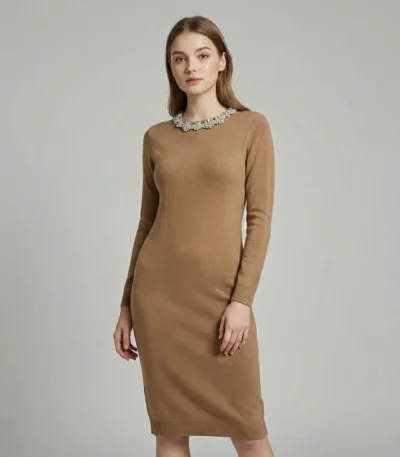 Women's Camel Embellished Neck Knit Sheath Dress (4)