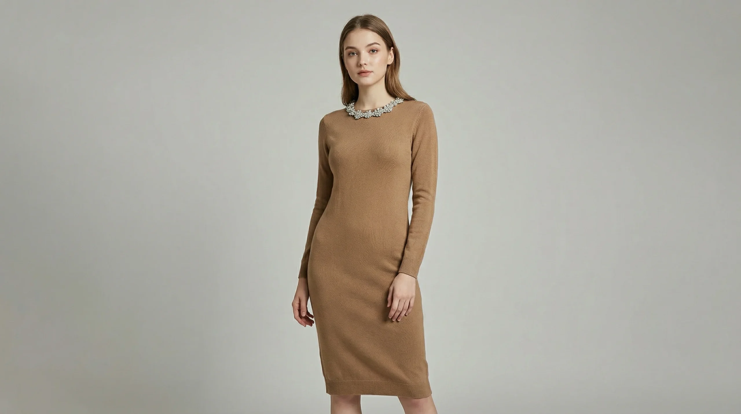 Women's Camel Embellished Neck Knit Sheath Dress (4) Women's Camel Embellished Neck Knit Sheath Dress (4)