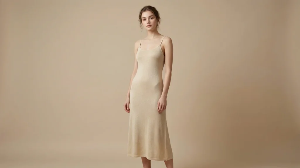 Women’s Champagne Gold Metallic Knit Camisole Midi Dress (1)