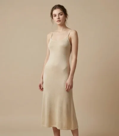 Women’s Champagne Gold Metallic Knit Camisole Midi Dress (1)