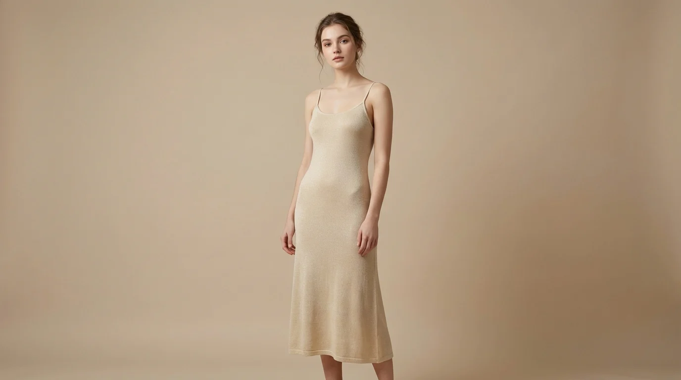 Women’s Champagne Gold Metallic Knit Camisole Midi Dress (1) Women’s Champagne Gold Metallic Knit Camisole Midi Dress (1)