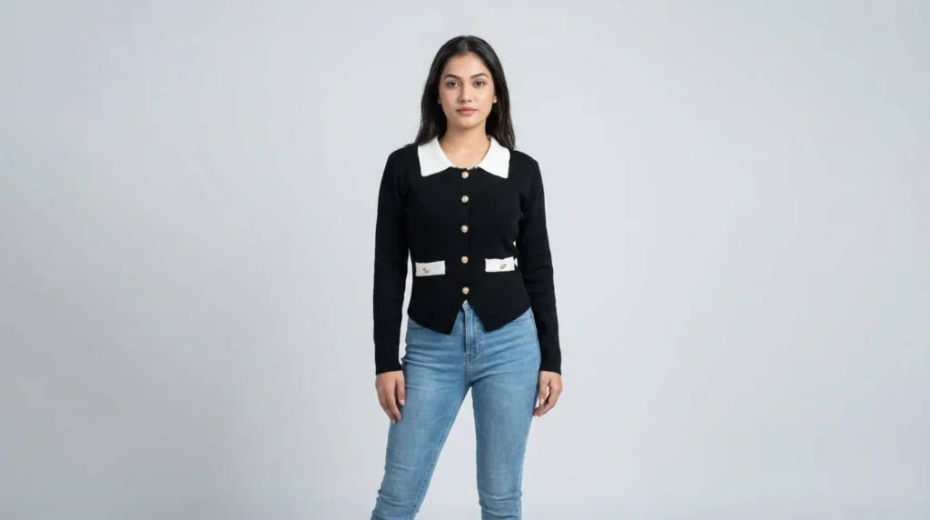 Women’s Contrast Collar Black Knit Cardigan with Gold Buttons (1)