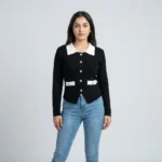 Women’s Contrast Collar Black Knit Cardigan with Gold Buttons (1)