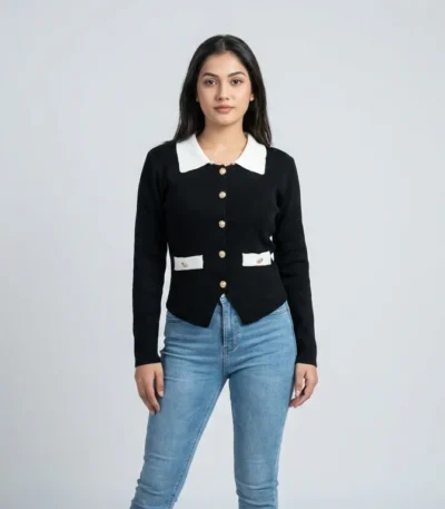 Women’s Contrast Collar Black Knit Cardigan with Gold Buttons (1)