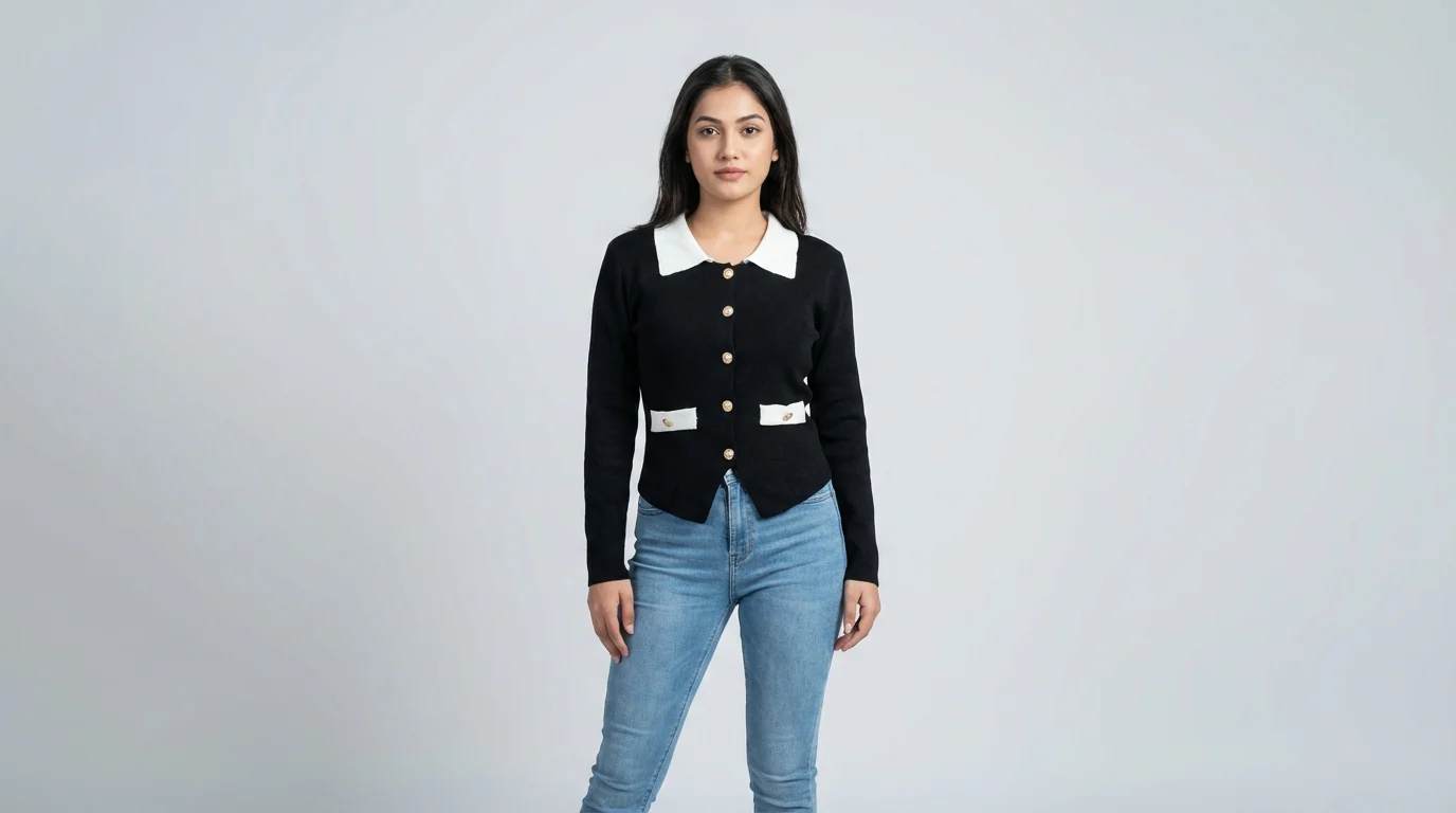 Women’s Contrast Collar Black Knit Cardigan with Gold Buttons (1) Women’s Contrast Collar Black Knit Cardigan with Gold Buttons (1)