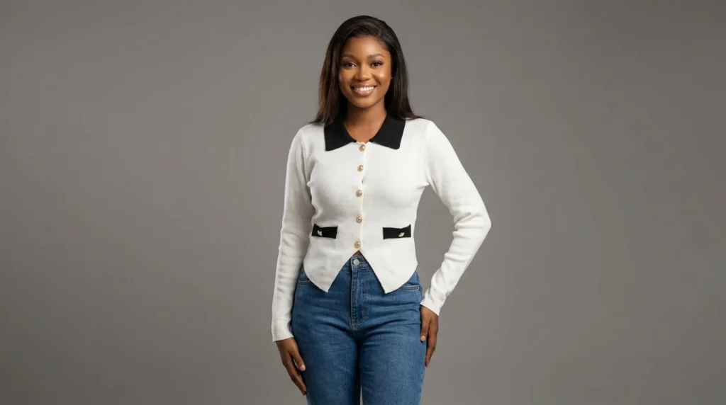 Women’s Contrast Collar Button Down Knit Cardigan in Ivory & Black (1)