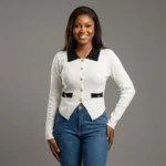 Women’s Contrast Collar Button Down Knit Cardigan in Ivory & Black (1)