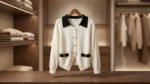 Women’s Contrast Collar Button Down Knit Cardigan in Ivory & Black (2)