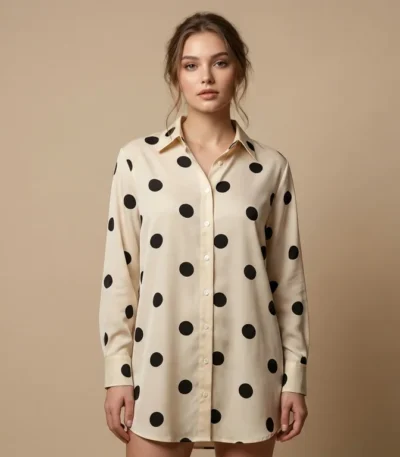 Women's Cream & Black Polka Dot Button Down Satin Shirt (3)