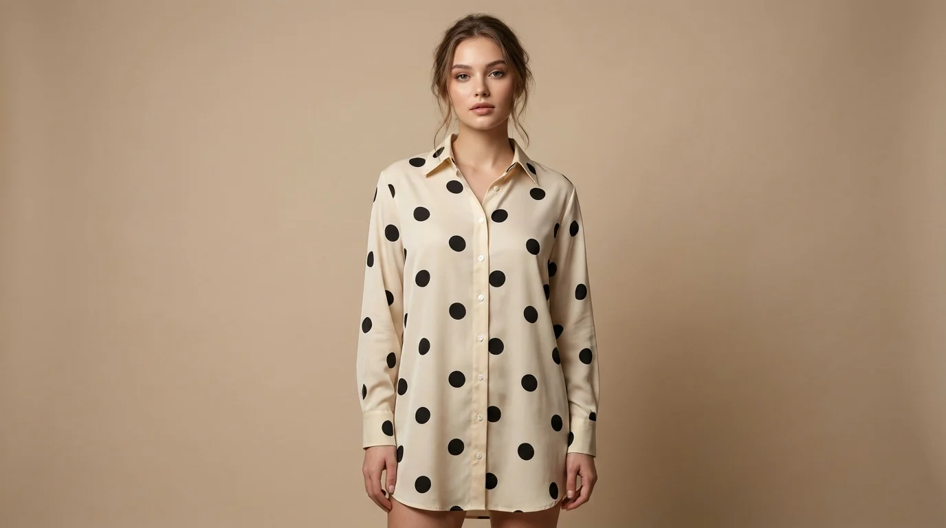 Women's Cream & Black Polka Dot Button Down Satin Shirt (3) Women's Cream & Black Polka Dot Button Down Satin Shirt (3)
