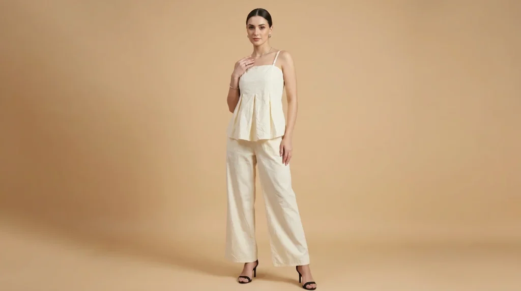 Women's Cream Pleated Cotton Co ord Set Peplum Top & Wide Leg Trousers (2)