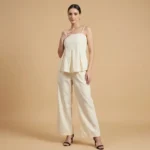 Women's Cream Pleated Cotton Co ord Set Peplum Top & Wide Leg Trousers (2)