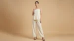Women's Cream Pleated Cotton Co ord Set Peplum Top & Wide Leg Trousers (2)