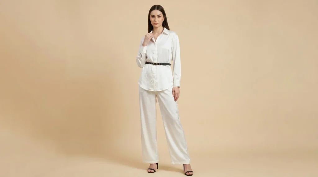 Women’s Ivory Satin Co ord Shirt and Wide Leg Trouser Set (1)