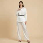 Women’s Ivory Satin Co ord Shirt and Wide Leg Trouser Set (1)