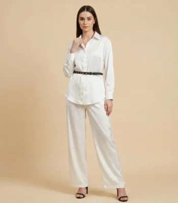 Women’s Ivory Satin Co ord Shirt and Wide Leg Trouser Set (1)