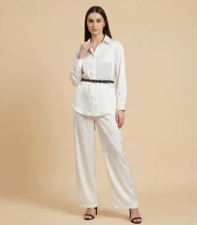 Women’s Ivory Satin Co ord Shirt and Wide Leg Trouser Set (1)