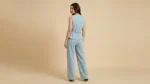 Women's Light Wash Denim Sleeveless Waistcoat and Wide Leg Trouser Set (3)