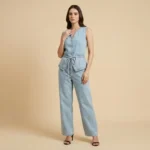 Women's Light Wash Denim Sleeveless Waistcoat and Wide Leg Trouser Set (5)