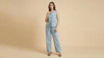 Women's Light Wash Denim Sleeveless Waistcoat and Wide Leg Trouser Set (5)