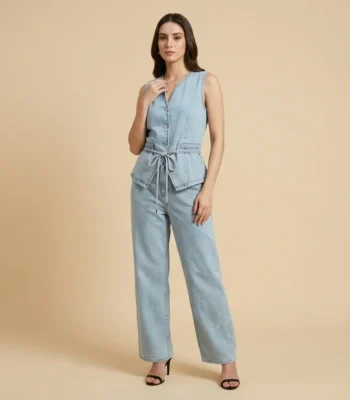Women's Light Wash Denim Sleeveless Waistcoat and Wide Leg Trouser Set (5)