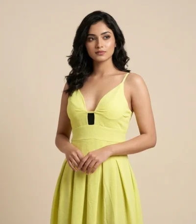 Women’s Lime Yellow Cut Out Textured Fit and Flare Dress (3)