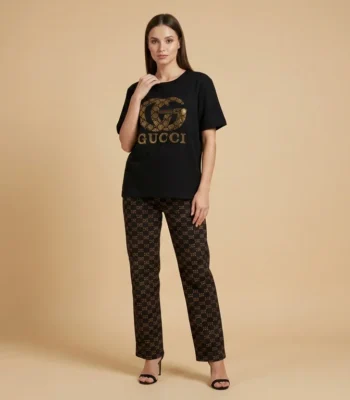 Women's Luxury Monogram Print Co ord Set in Black and Gold (7)