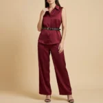 Women’s Maroon Satin Sleeveless Cord Set with Belt Premium Co ord Suit (1)