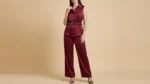 Women’s Maroon Satin Sleeveless Cord Set with Belt Premium Co ord Suit (1)